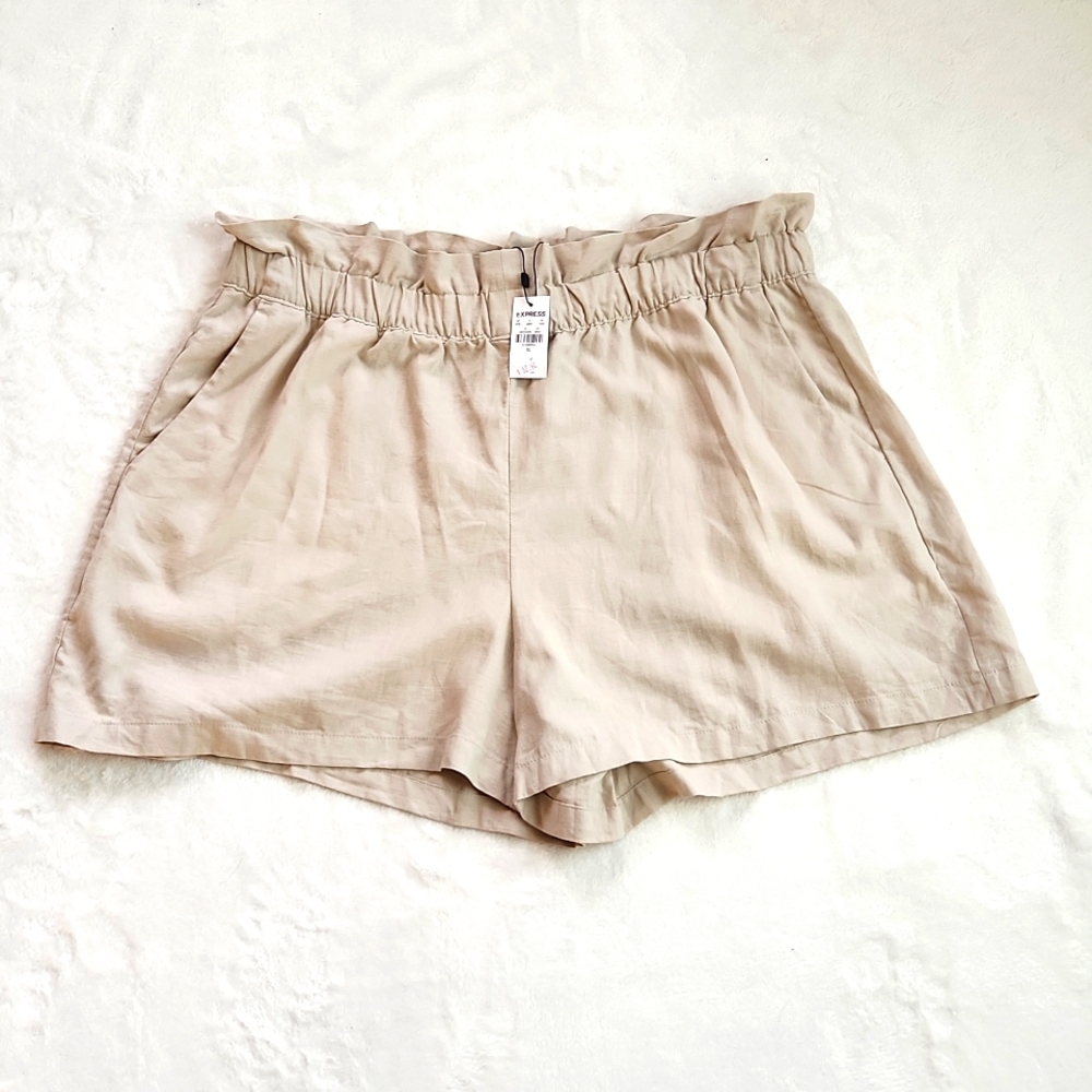 EXPRESS Sz XL Linen Paper Bag Waist Tan Shorts, NWT